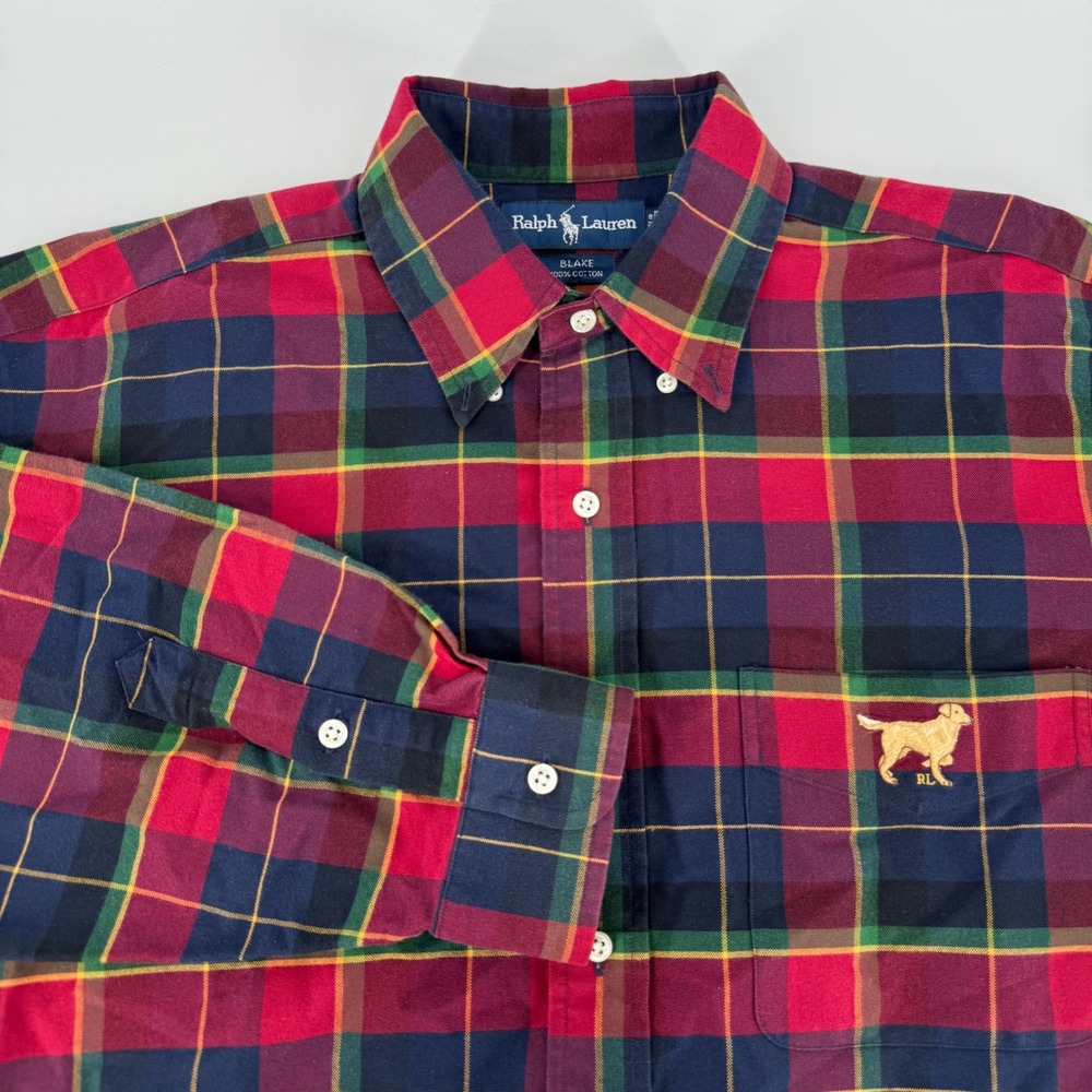 Vintage Ralph Lauren Blake Mens Large Red Labrador Plaid Button Down Shirt Dog